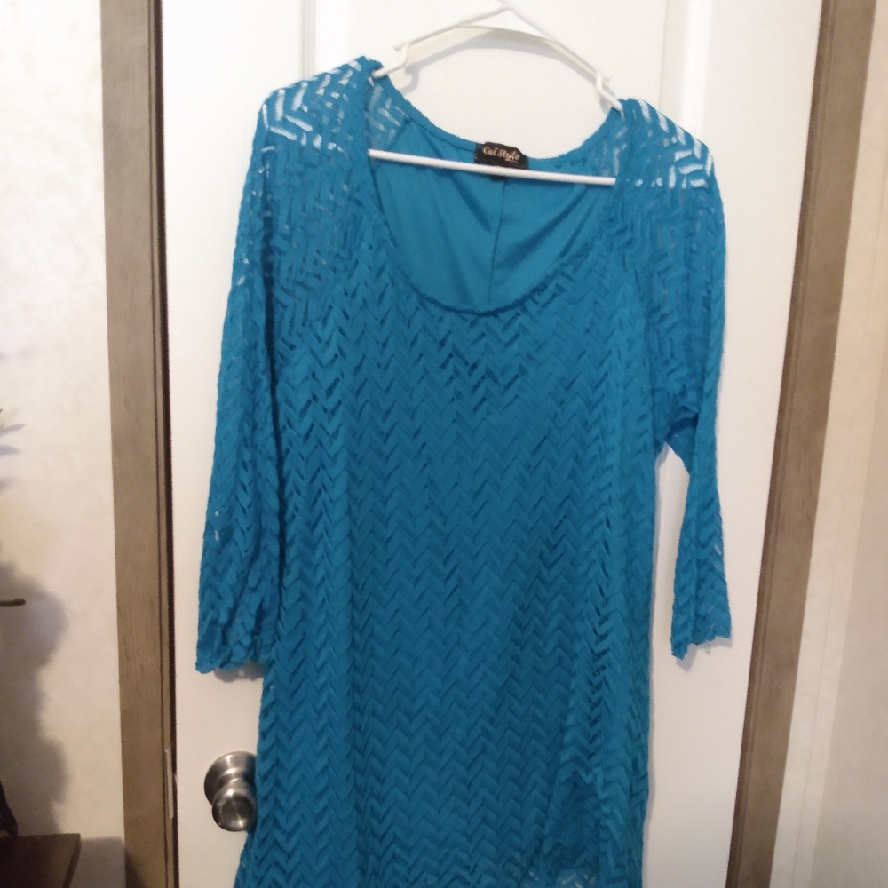 See thru sleeve blue dress
